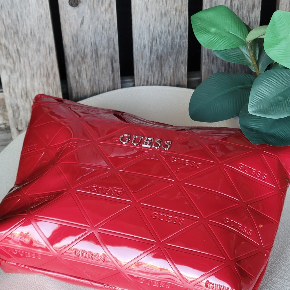 Red Patent GUESS Shiny Finish Embossed Cosmetic Zip Pouch